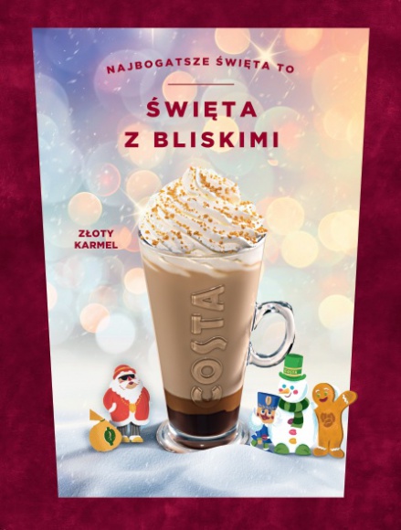 COSTA COFFEE życzy podróżującym Wesołych Świąt! LIFESTYLE, Żywienie - Tegoroczna nowość w ofercie COSTA EXPRESS - zimowa, limitowana kawa o smaku Złotego Karmelu dostępna jest w kamomatach COSTA EXPRESS.